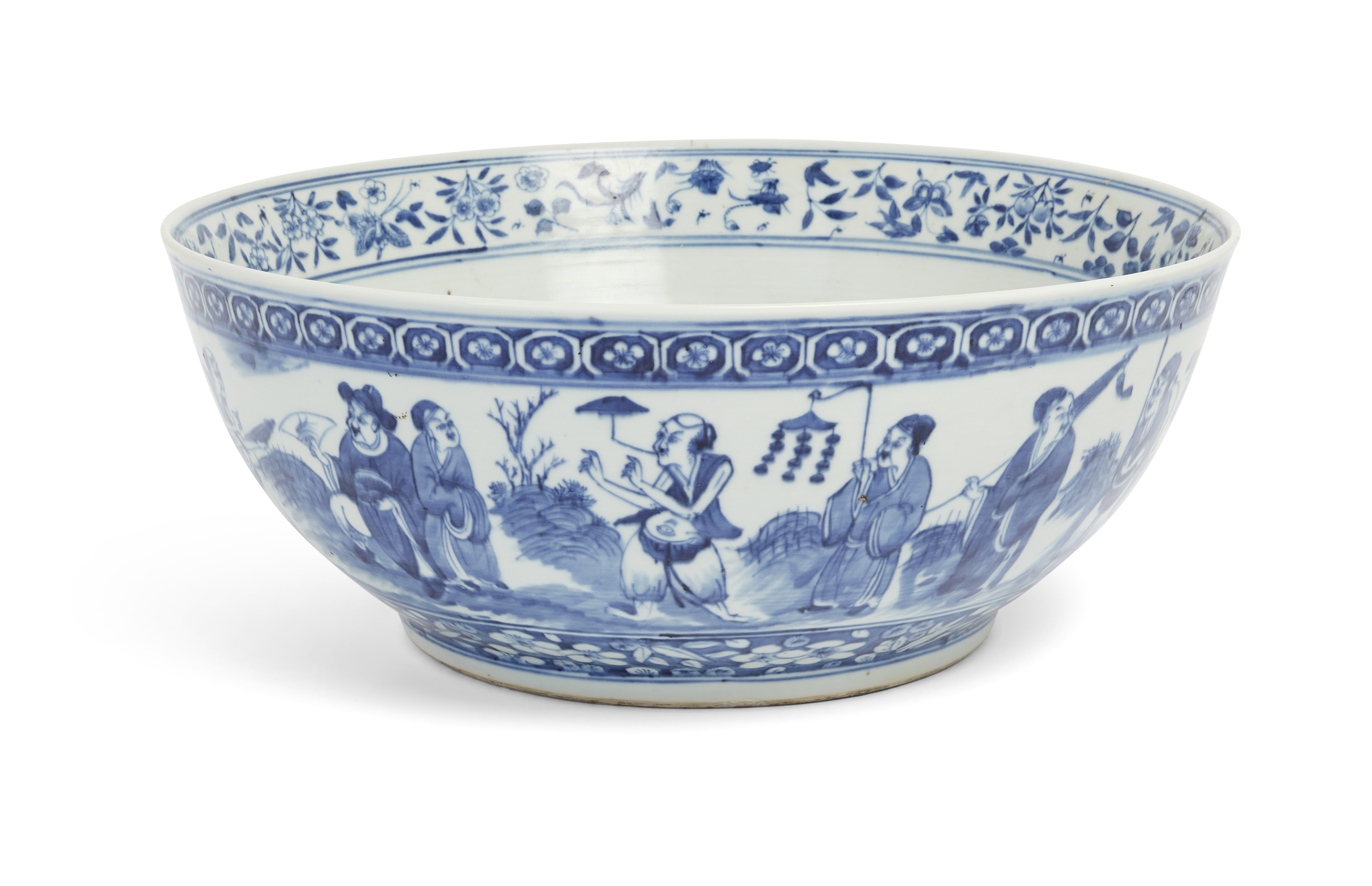 A large Chinese blue and white punch bowl, Qing dynasty, 19th century, Decorated to the exterior ...