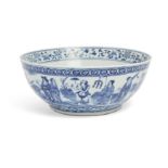 A large Chinese blue and white punch bowl, Qing dynasty, 19th century, Decorated to the exterior ...