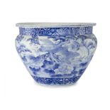 A Japanese blue and white jardinière, Late 19th century, Decorated with a continuous scene depict...