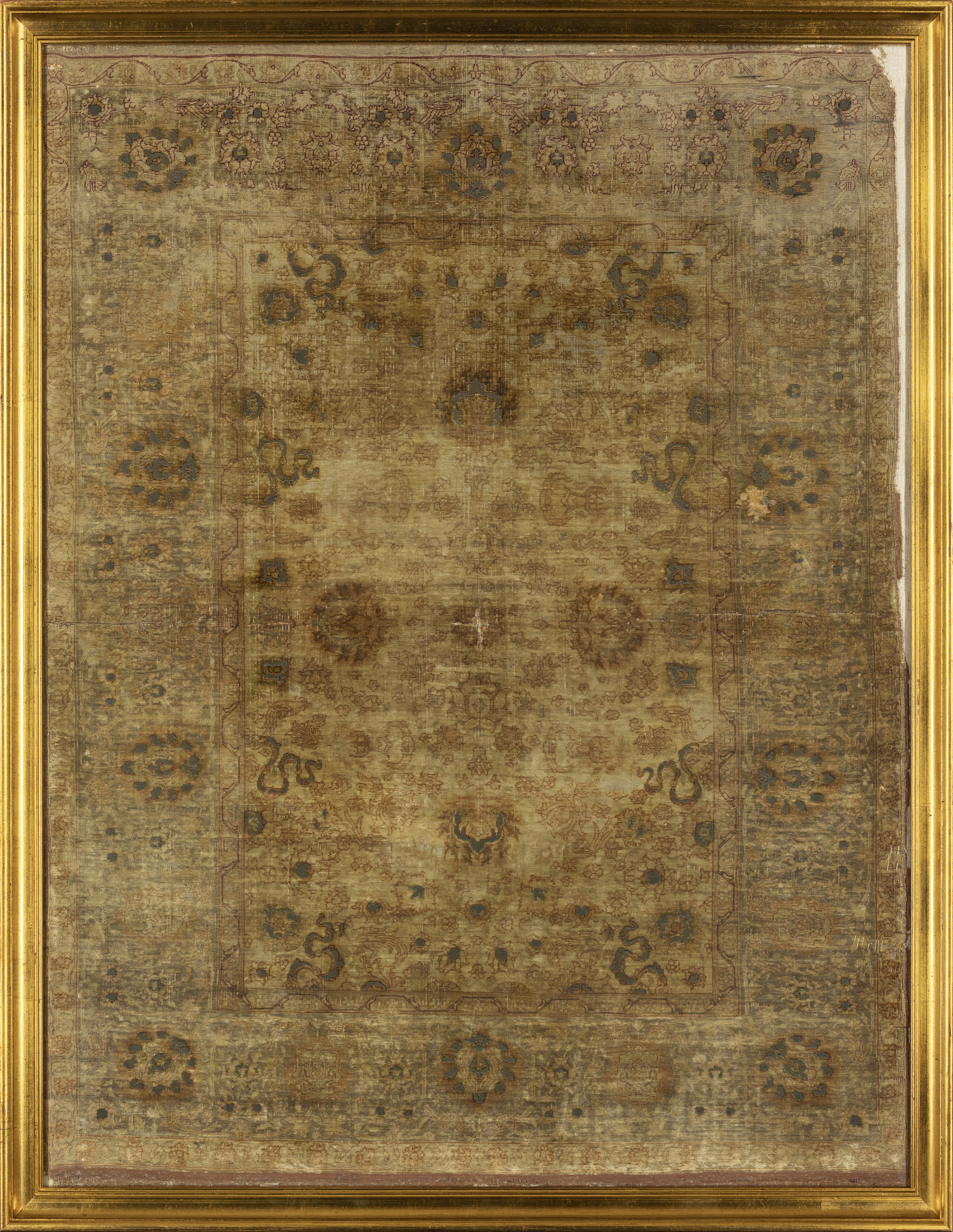 A framed and glazed worn gilt-metal thread embroidered velvet panel, Safavid Iran, 17th century, ... - Image 2 of 2