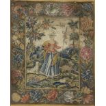 An English needlework panel, Early 18th century,  Worked in wools and silks, depicting a shepherd...