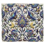 A square moulded polychrome pottery tile in the Iznik style,     Qajar Tehran, Iran, c.1890, The ...