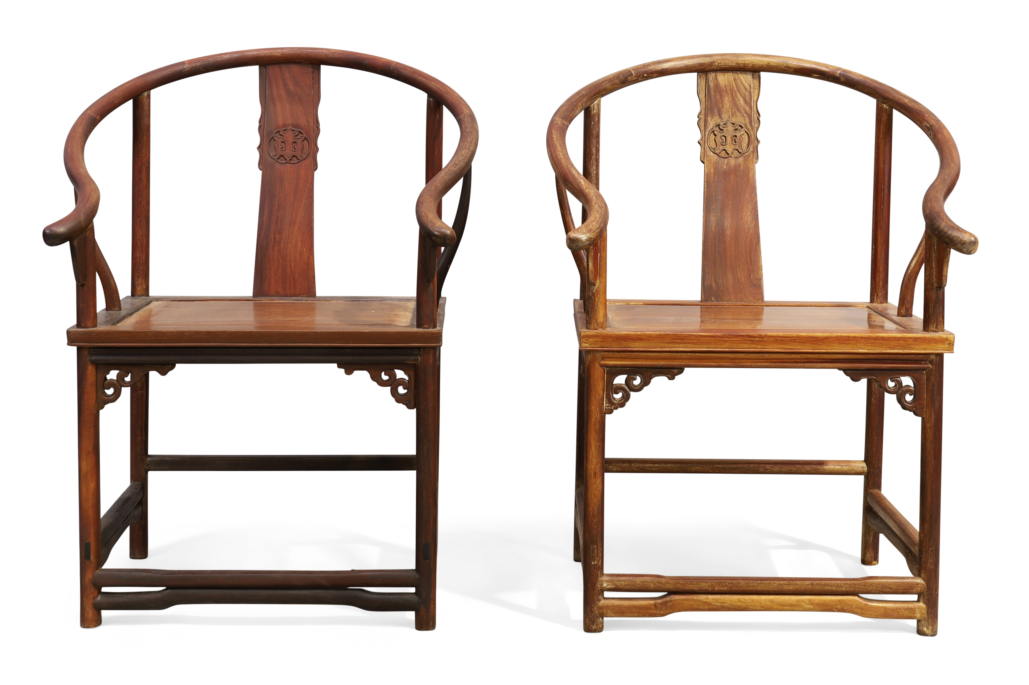 A pair of Chinese horseshoe backed armchairs, quanyi, Early 20th century, With central splat carv... - Image 2 of 3