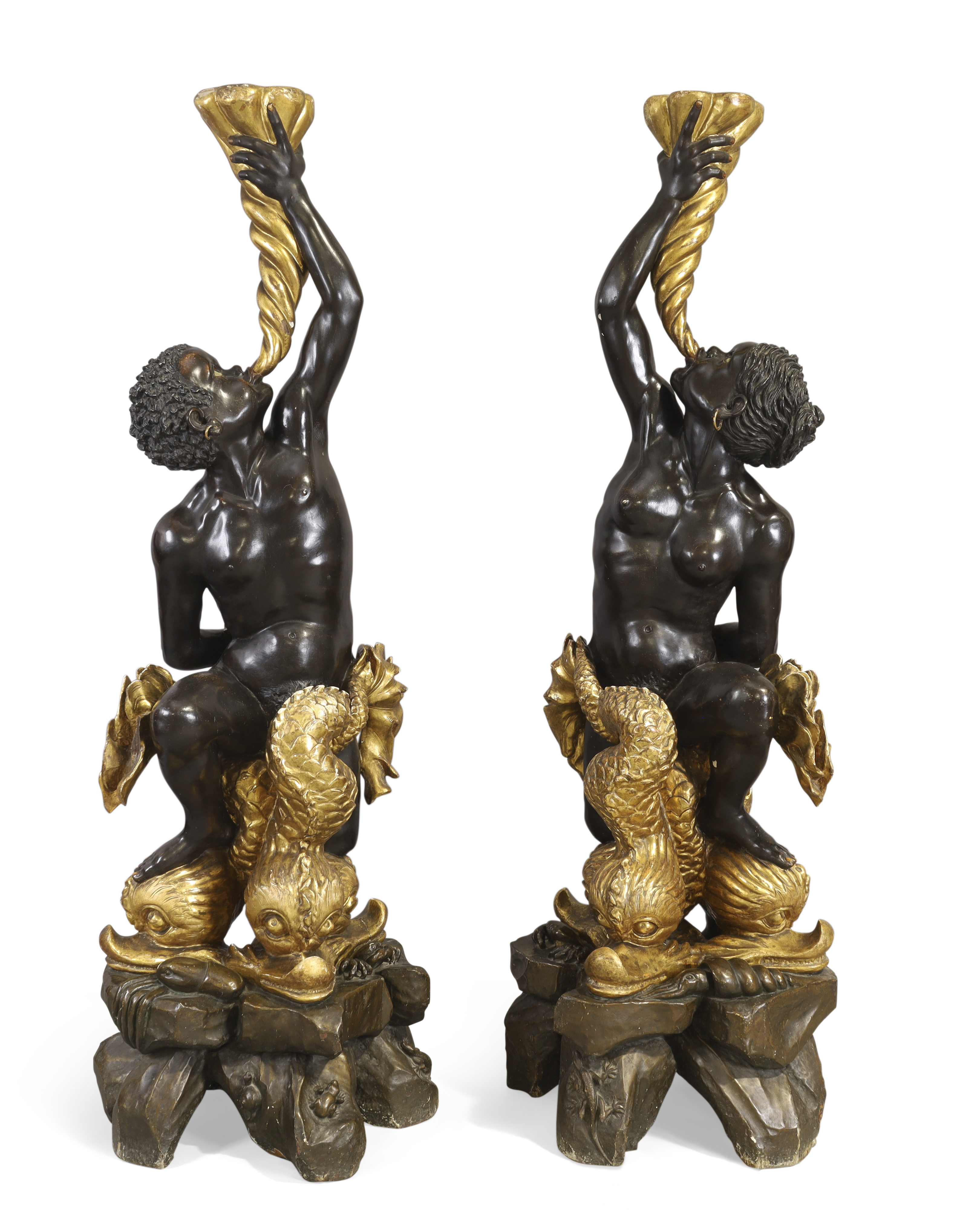 A pair of large Venetian polychrome and giltwood figural torcheres, Late 19th century, Modelled a... - Image 2 of 4