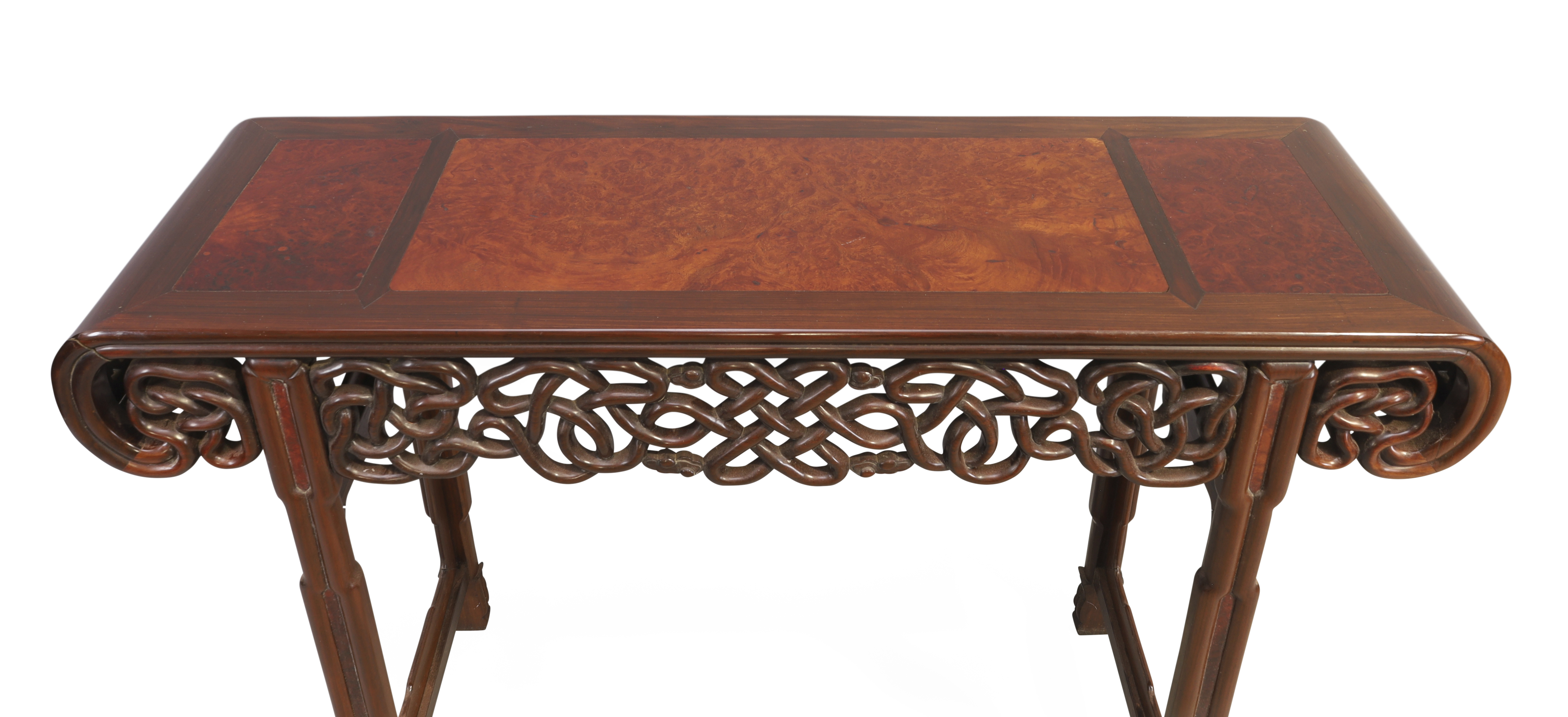 A Chinese rosewood scroll table, Qing dynasty, Daoguang period, The rectangular top above reticul... - Image 4 of 4