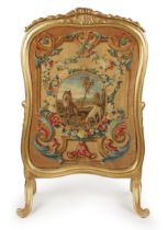 A French giltwood firescreen, Early 20th century, Inset with a piled wool picture of Aesop's fabl...