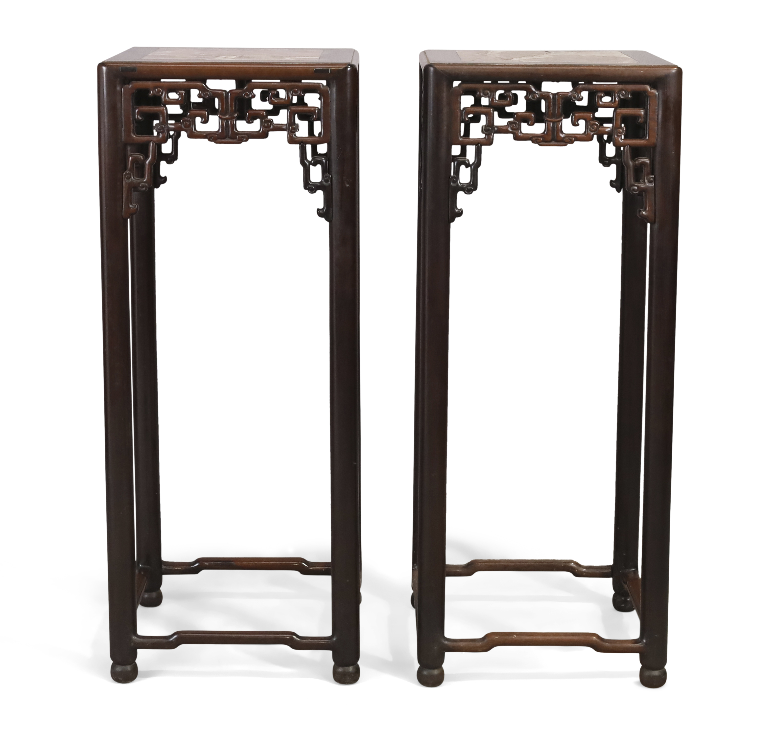 A pair of Chinese hongmu square jardinière stands, Qing dynasty, 19th century, The square marble ... - Image 2 of 3