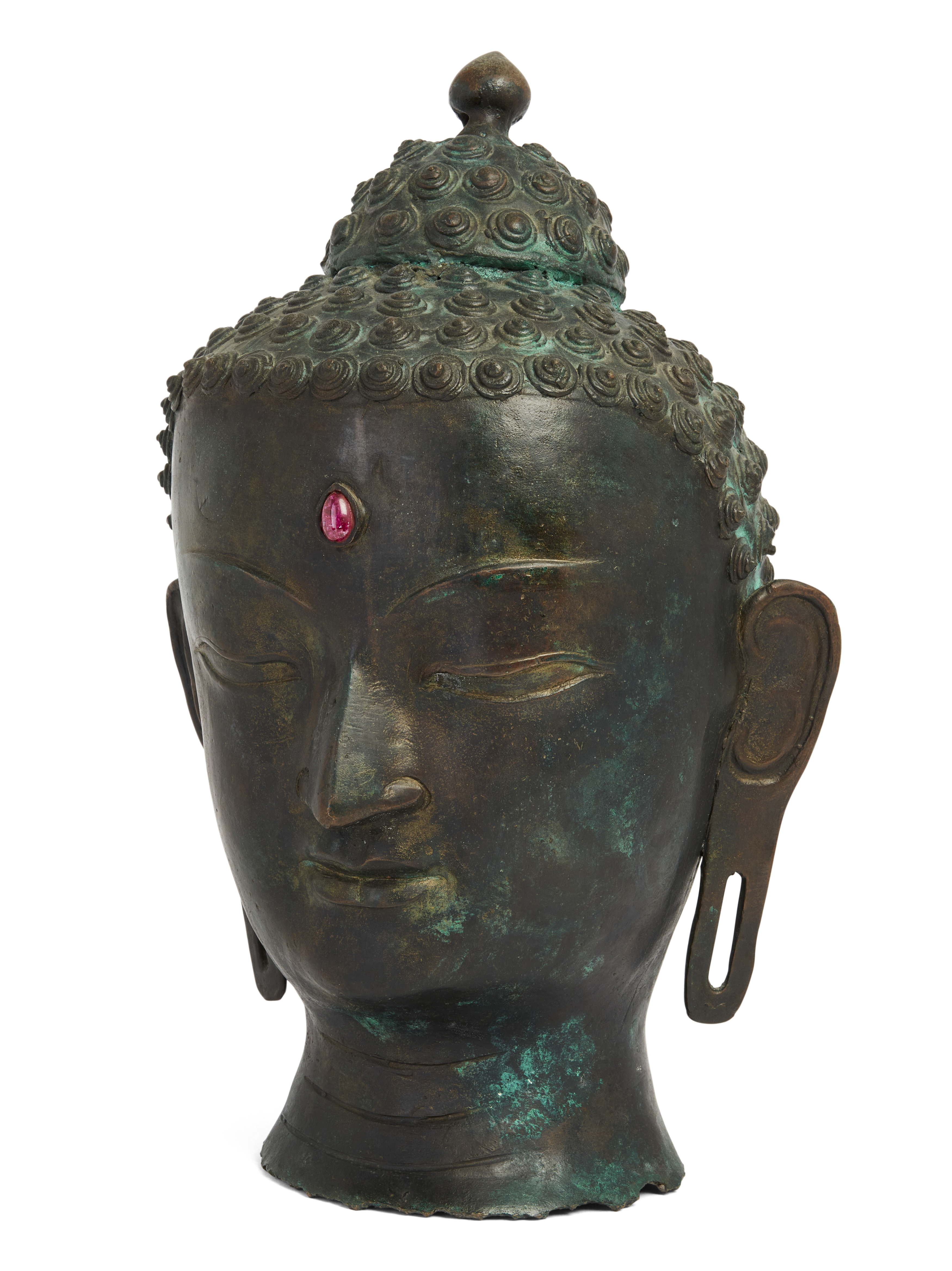 A large Thai bronze head of Buddha, 20th century, Cast with a serene expression, with inset pink ...