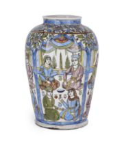 A figural pottery vase, Qajar Iran, c.1880, Of baluster form, on plain base, the painted decorati...