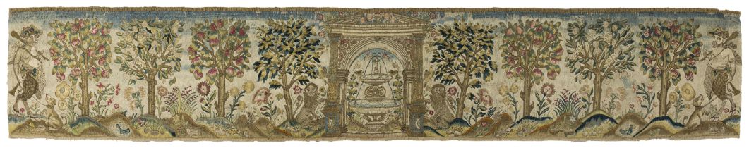 A fine silk and metal thread needlework panel, Possibly Italian, 17th century, With a central fou...