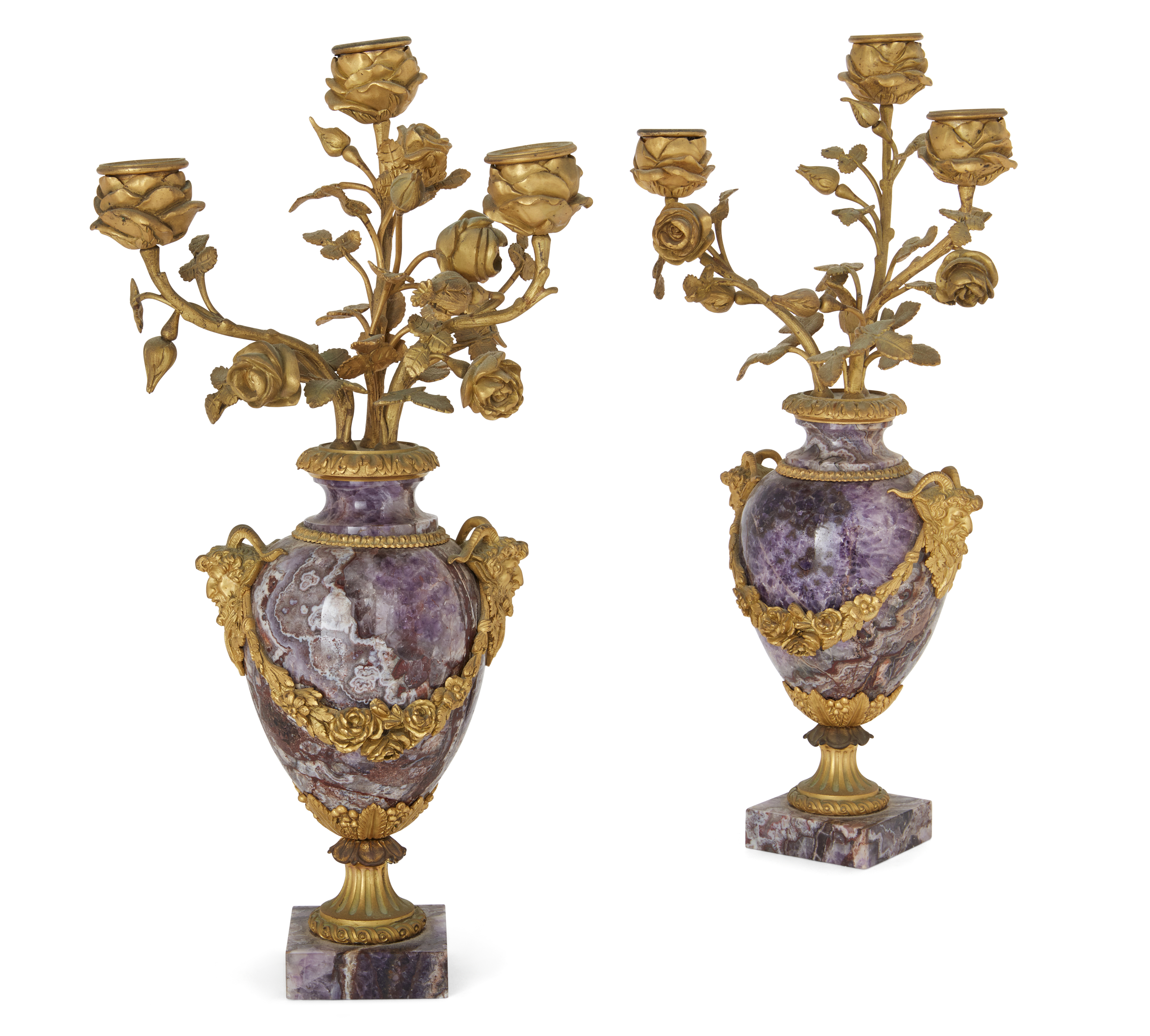 A pair of French gilt-bronze mounted amethyst three-light candelabra, Of Louis XVI style, mid-19t... - Image 2 of 2