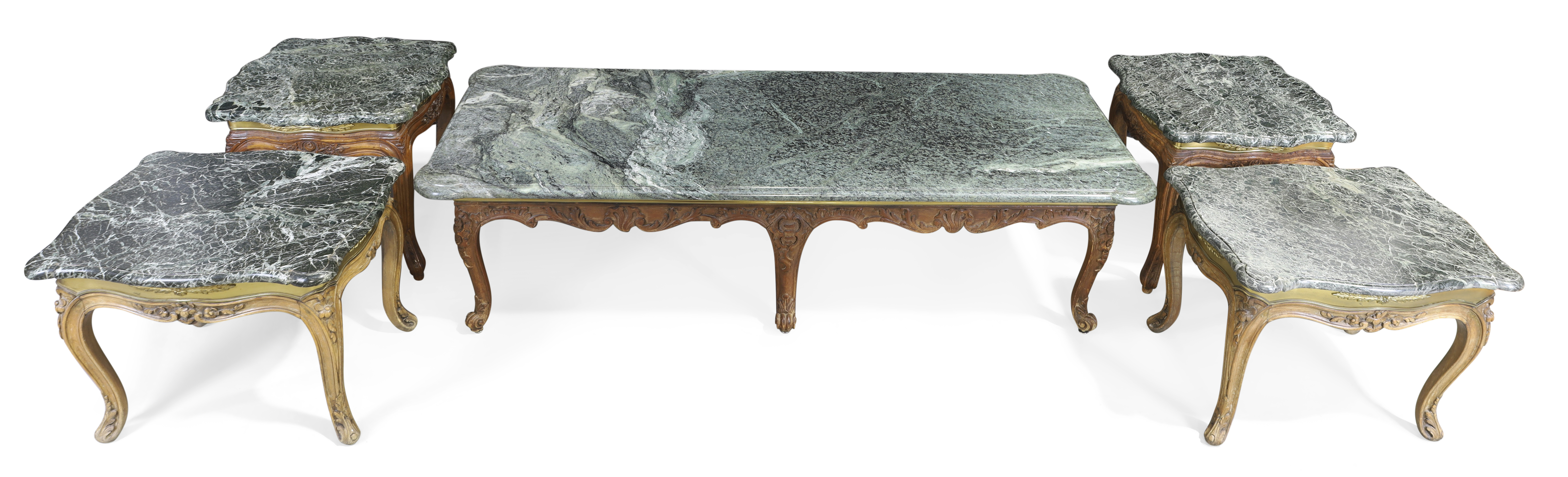 A suite of French walnut low tables, Three 18th century and two 19th century, With verde antico t... - Image 2 of 4