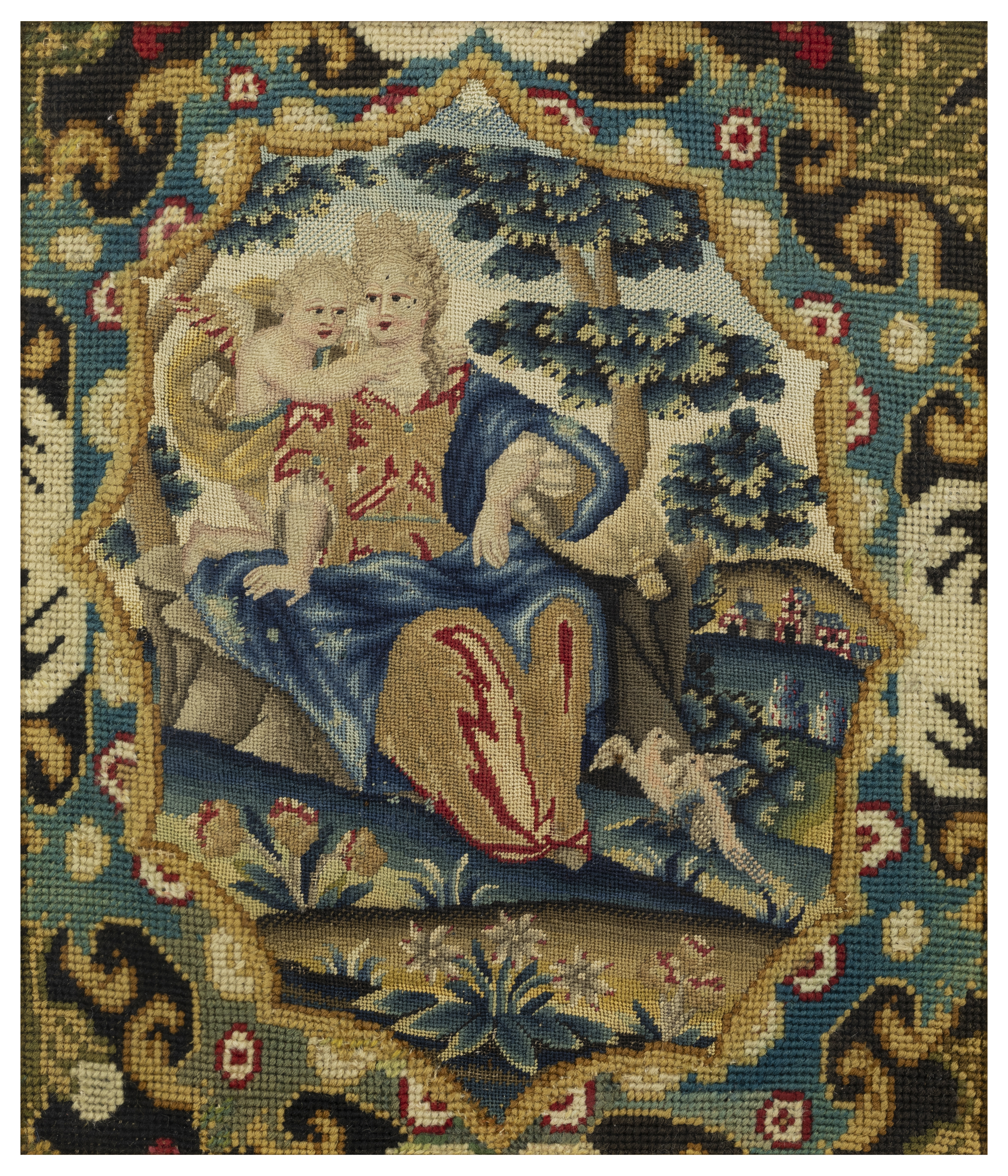 An English allegorical needlework fragment, First half 18th century, Worked in wools and silks, w...