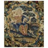 An English allegorical needlework fragment, First half 18th century, Worked in wools and silks, w...