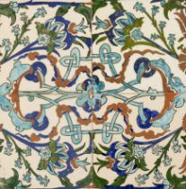 A framed polychrome Iznik-style pottery four tile panel, Metin Cini, Hakki Cinicoglu, Kutahya, Tu...