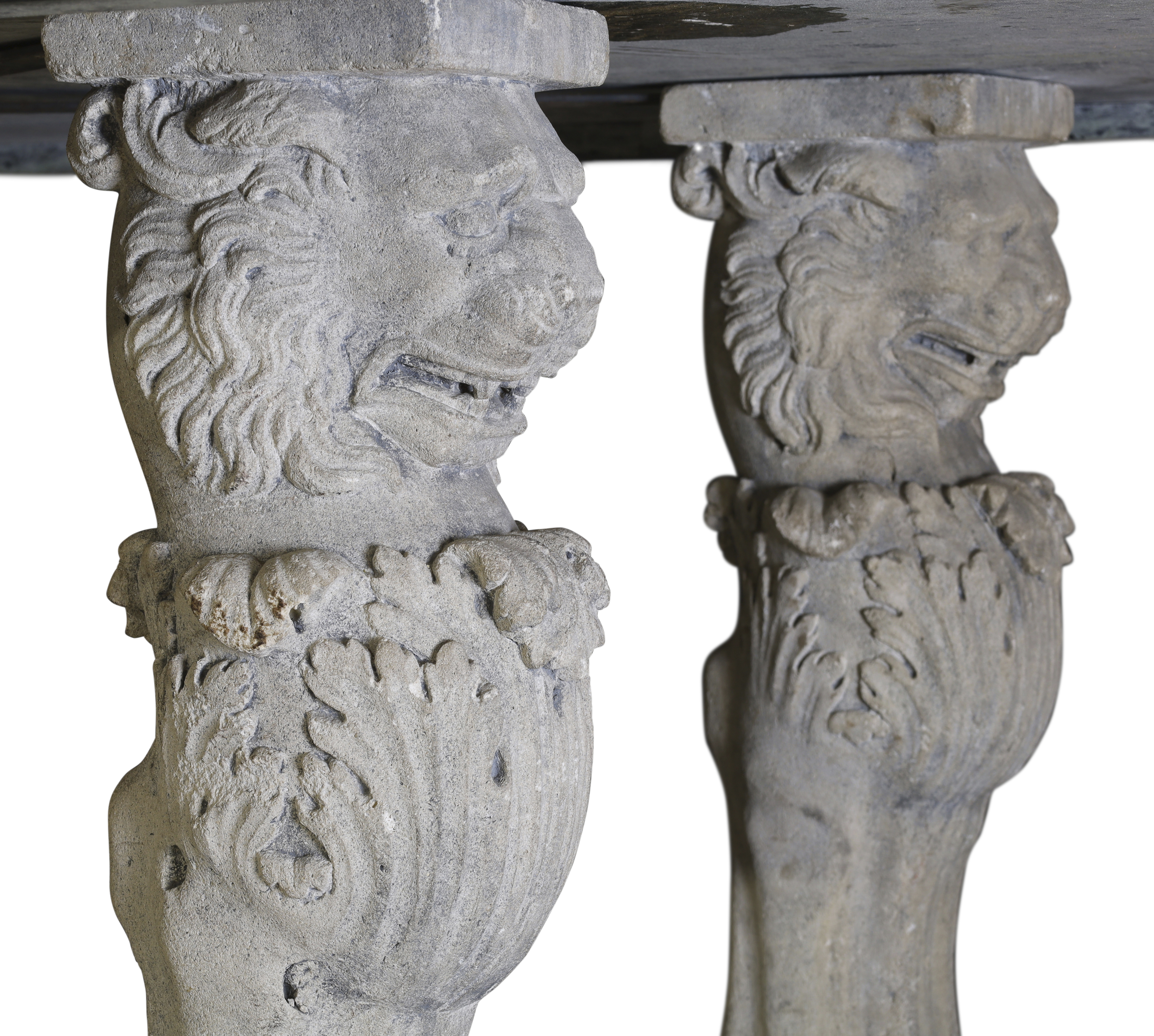 A French carved limestone table, Of 17th century style, 19th century, With lion monopodia united ... - Image 3 of 4