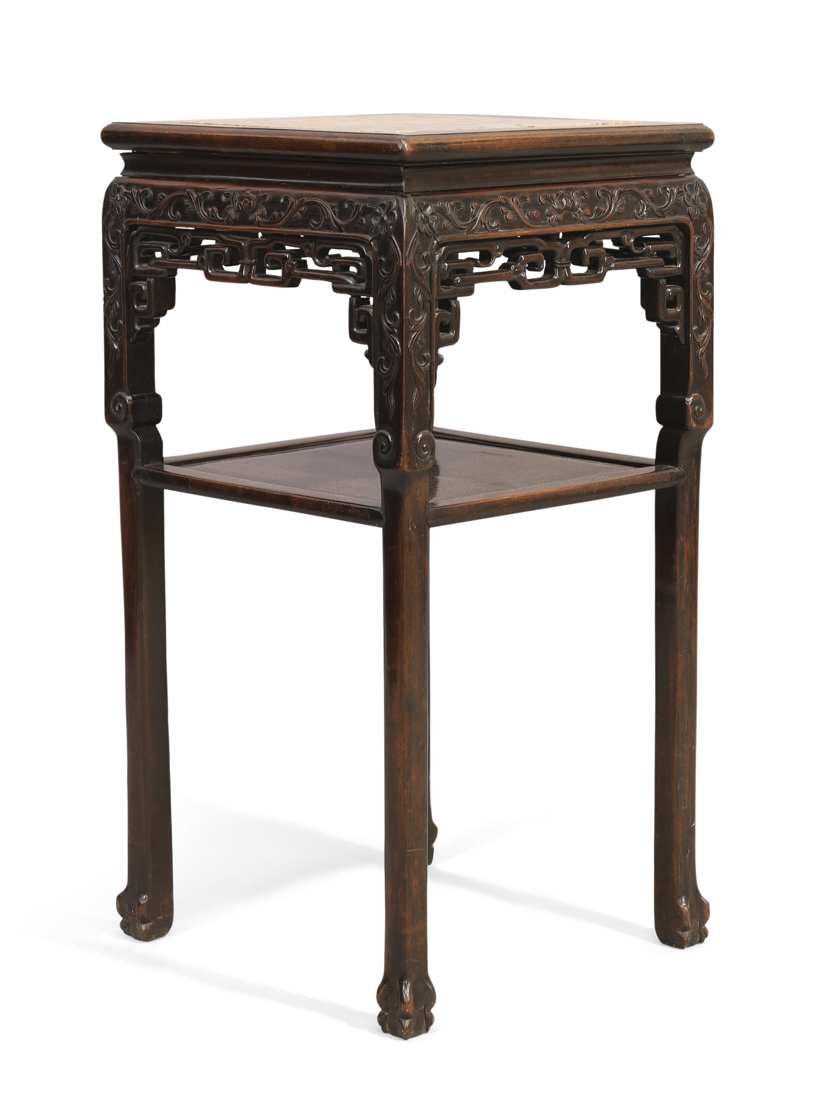 A Chinese hongmu square stand, Qing dynasty, 19th century, The square marble inset top above carv...