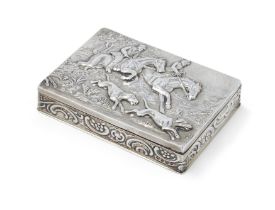 A silver box with hunting scene to cover, London import marks, 1960, JR & Co., Of rectangular for...