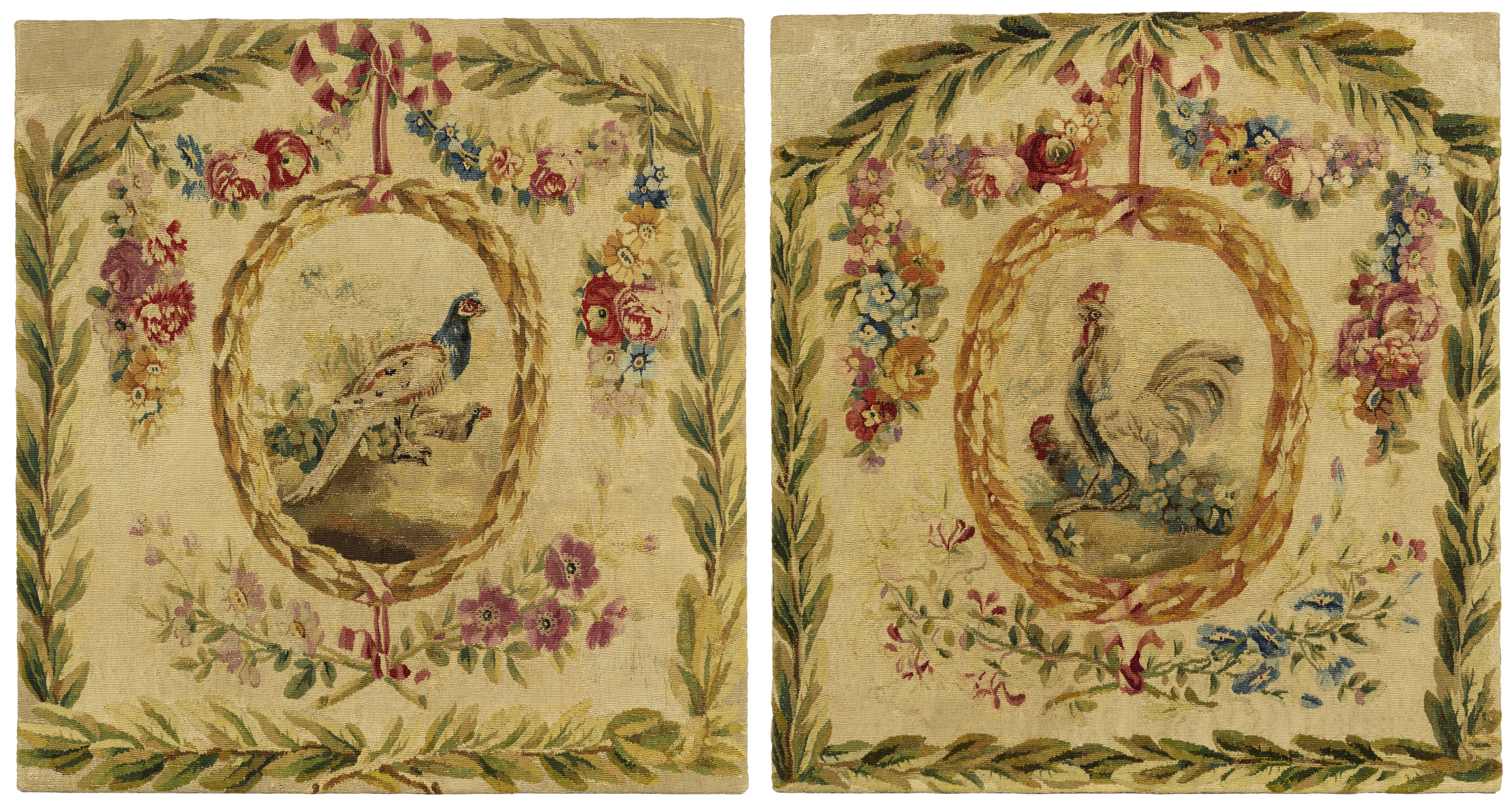 A pair of Louis XVI Aubusson tapestry panels, Late 18th century, Woven in wools and silks, each c...