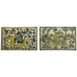 Two rectangular polychrome pottery tiles, Iran, 20th century, A mounted hunter carrying an antelo...
