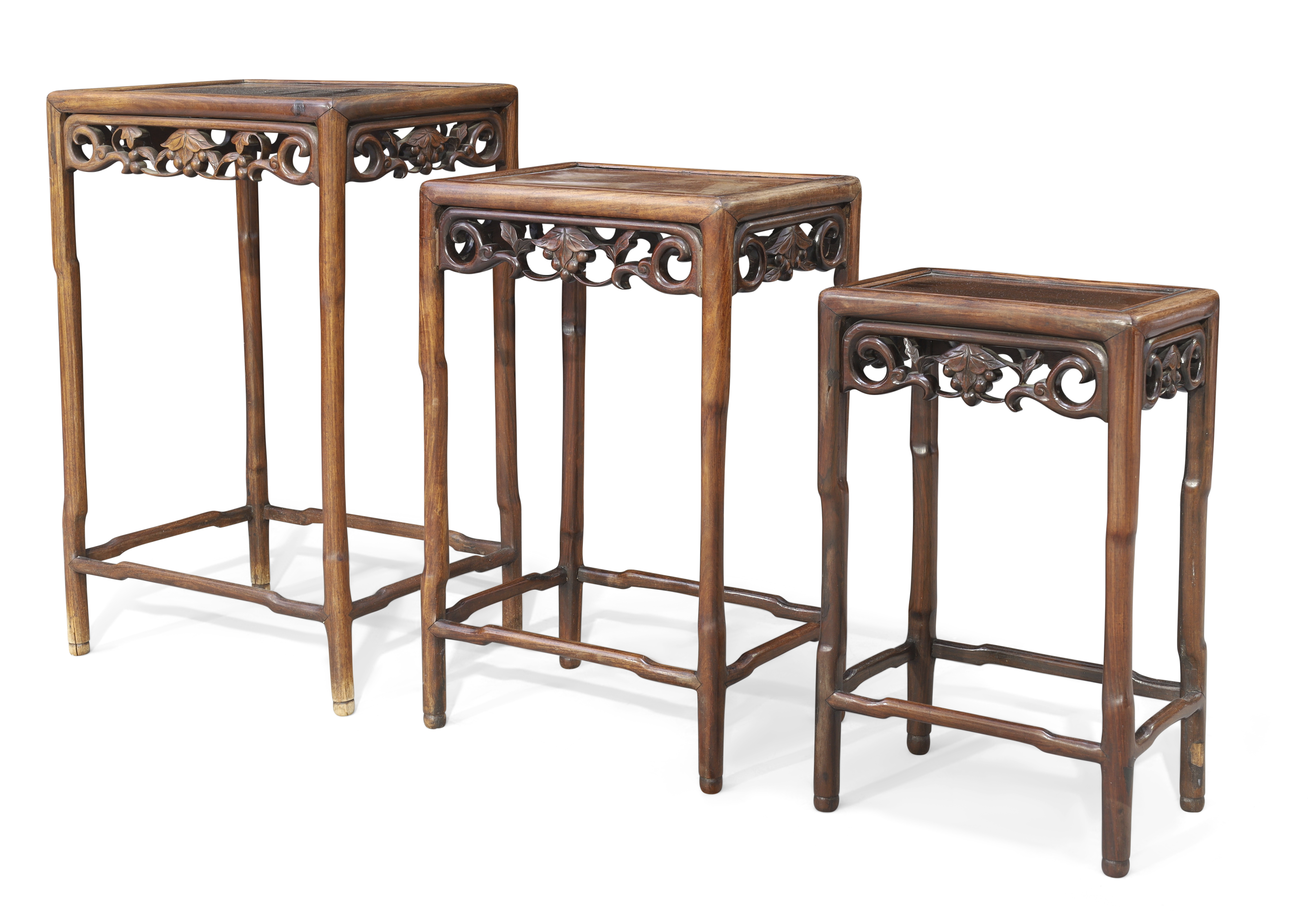 A Chinese hongmu nest of three occasional tables, Qing dynasty, 19th century, Each with reticulat... - Image 2 of 2