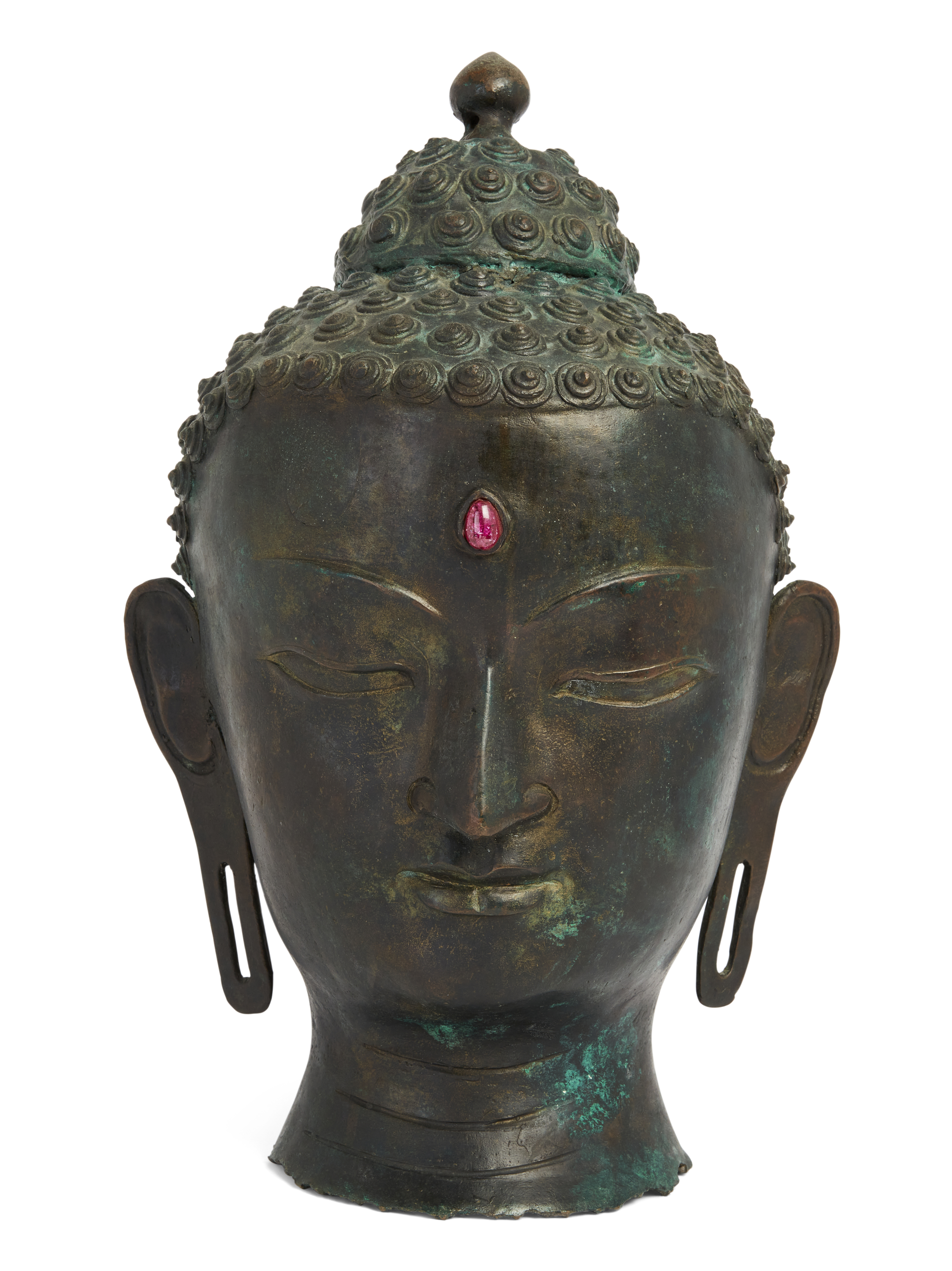 A large Thai bronze head of Buddha, 20th century, Cast with a serene expression, with inset pink ... - Image 2 of 2