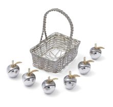 Six place card holders designed as apples, The plated metal apples designed with gilded stems, un...