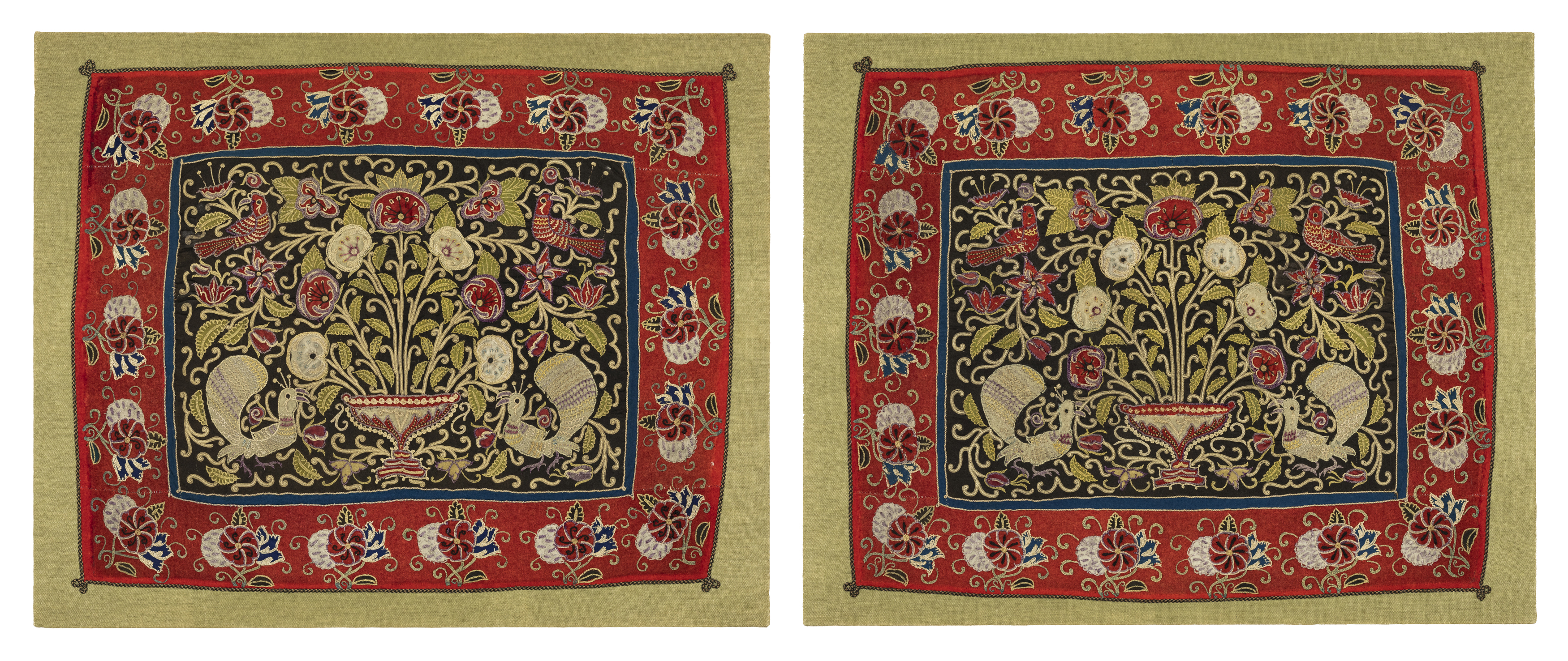 Two embroidered Rescht panels, Rescht, Qajar Southeast Iran, 19th century,   Fine polychrome silk...