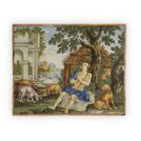 A Castelli maiolica large istoriato rectangular plaque, First half 18th century, Painted with a s...