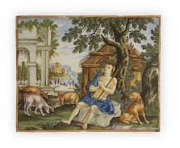 A Castelli maiolica large istoriato rectangular plaque, First half 18th century, Painted with a s...