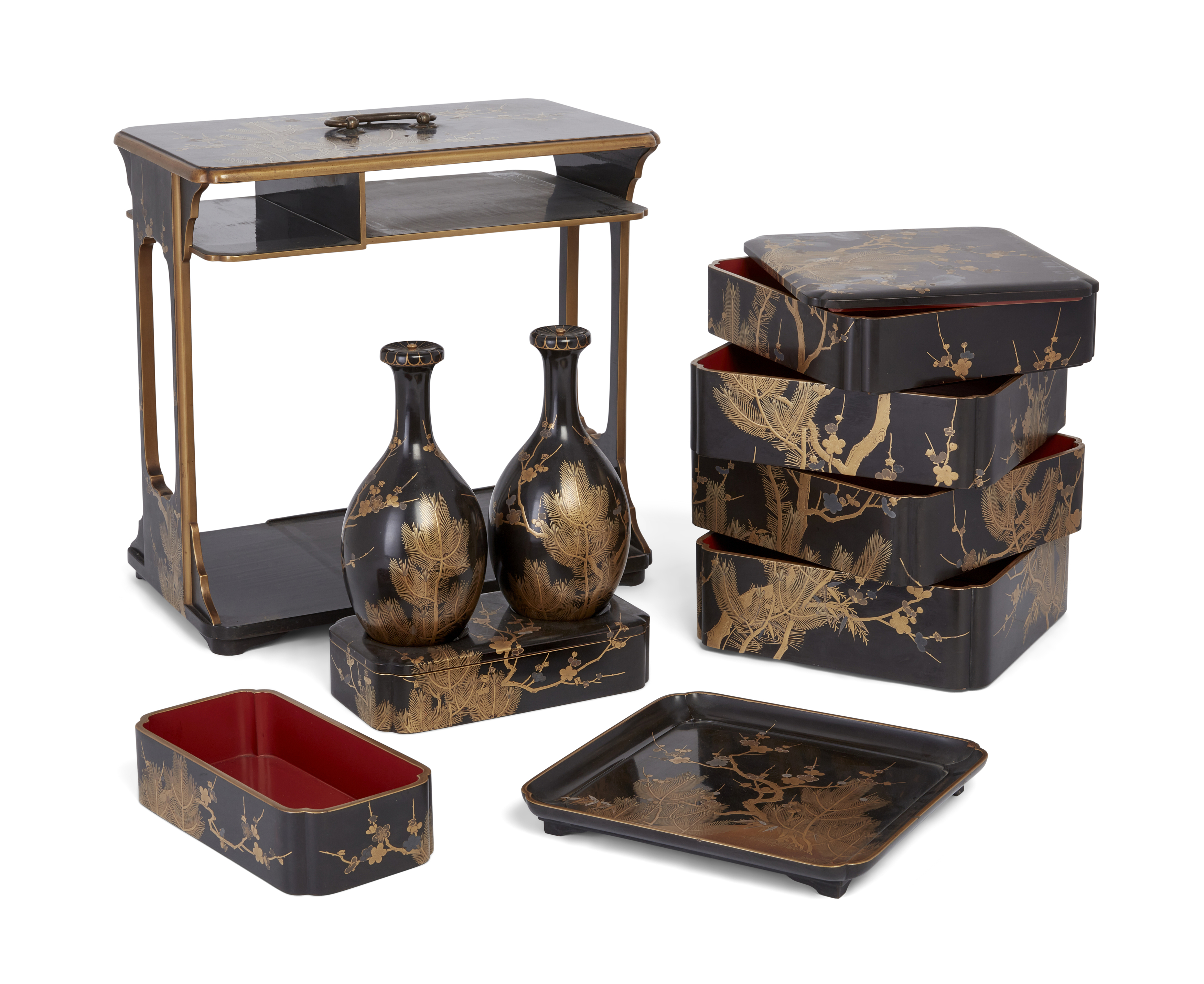 A Japanese black lacquer picnic set, sagejubako, Meiji period, With four-tiered stacking food box... - Image 2 of 2