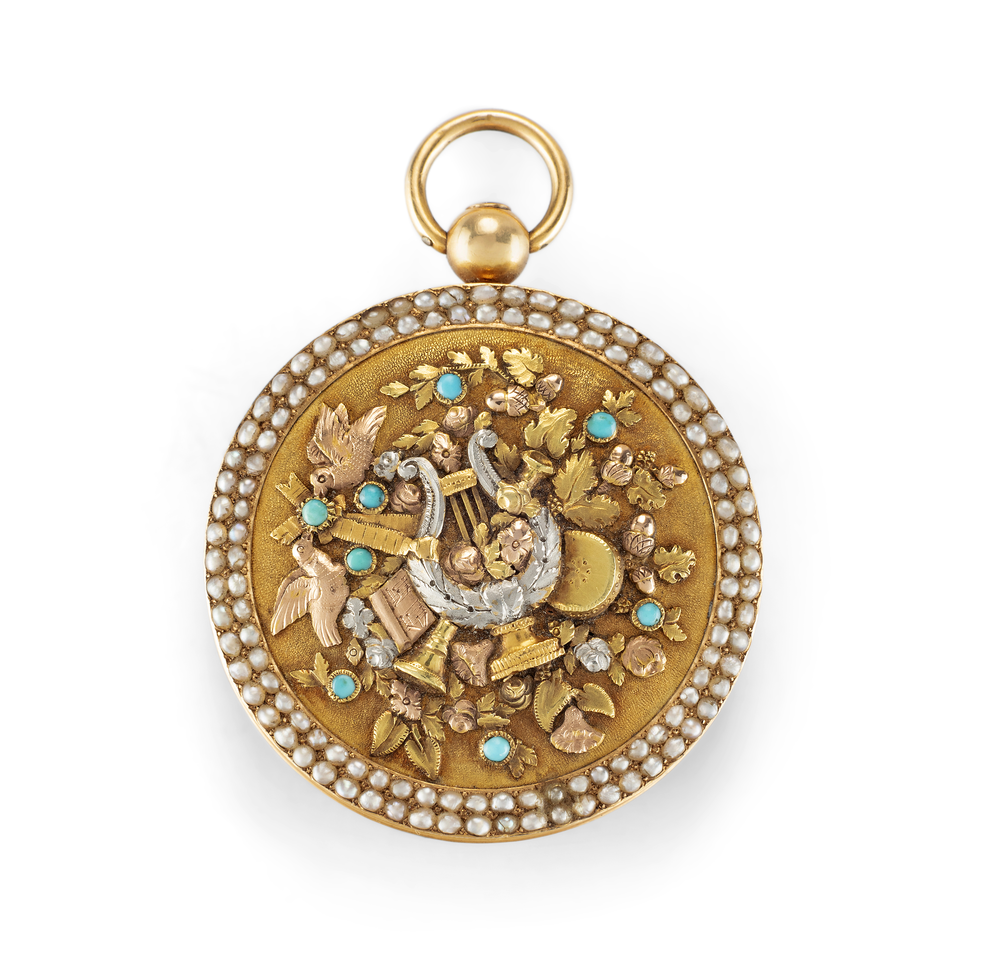 A Swiss three colour gold, turquoise and pearl set open face pocket watch,  C.1820, Gilt full pla...