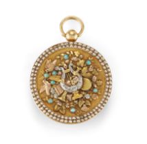 A Swiss three colour gold, turquoise and pearl set open face pocket watch,  C.1820, Gilt full pla...