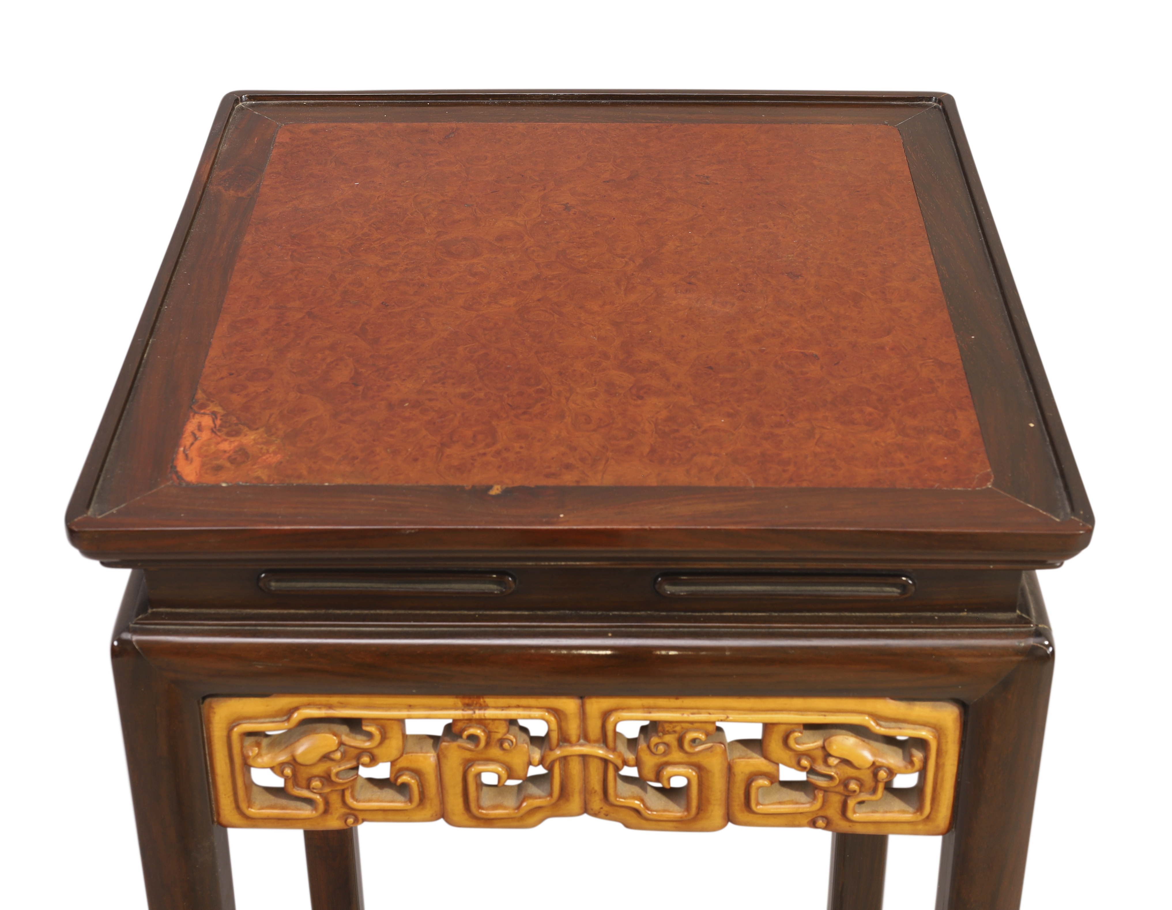 A Chinese rosewood square jardinière stand, Late Qing dynasty, The rectangular top inset with bur... - Image 2 of 4