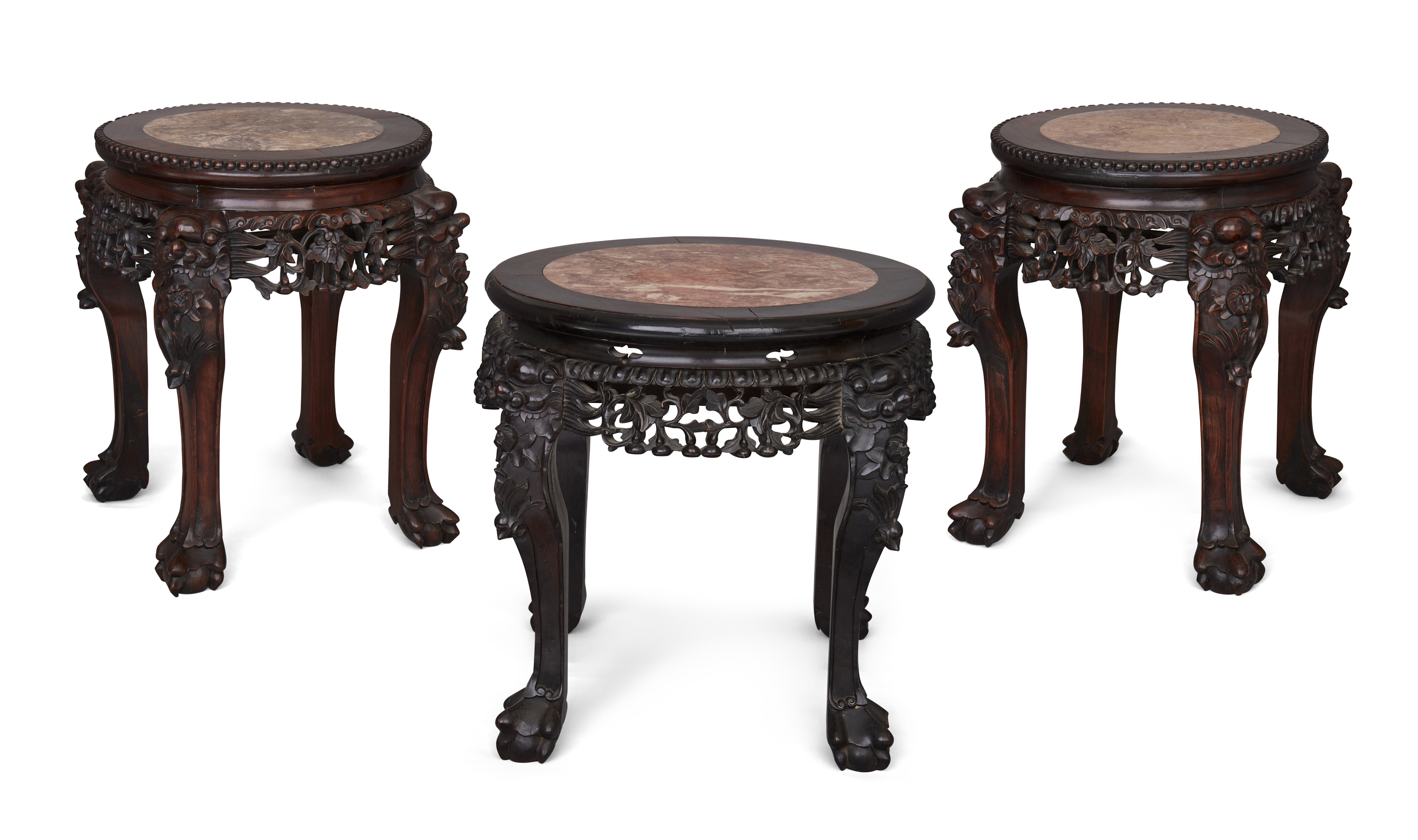 Three Chinese marble-inset hardwood stools, Late Qing dynasty, Each with circular marble inset to... - Image 2 of 2