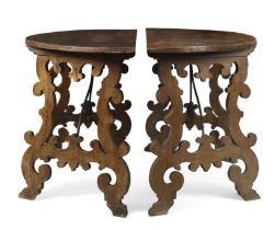 A Pair of Spanish walnut and chestnut demi-lune console tables, Last quarter 17th century, The sh...