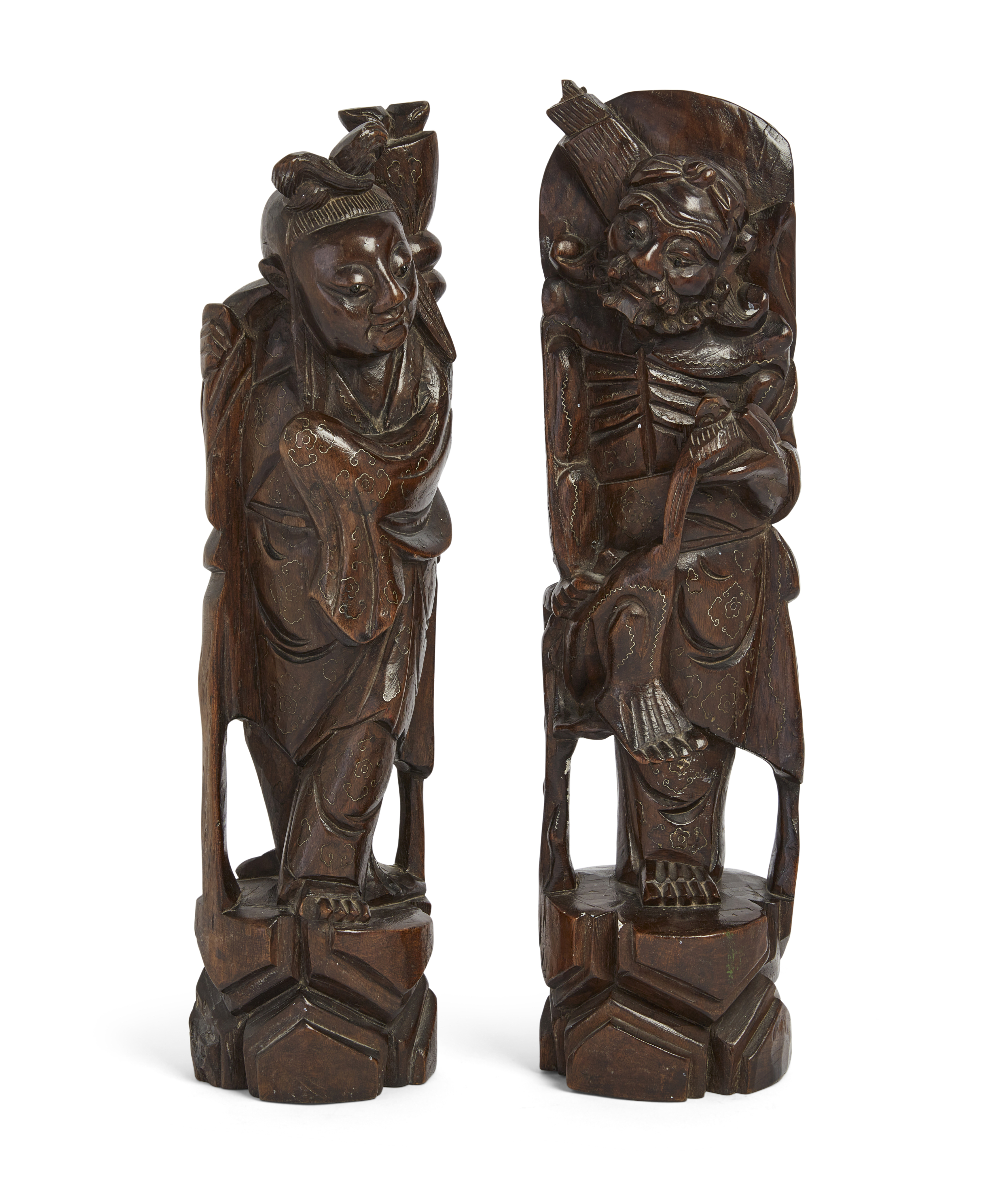 A pair of Chinese hardwood wire inlaid wood carvings, Early 20th century, Carved as immortals wit...