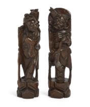 A pair of Chinese hardwood wire inlaid wood carvings, Early 20th century, Carved as immortals wit...