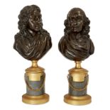 A pair of French bronze busts of playwrights Racine and Corneille, Late 18th century, the mounts ...