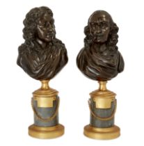 A pair of French bronze busts of playwrights Racine and Corneille, Late 18th century, the mounts ...