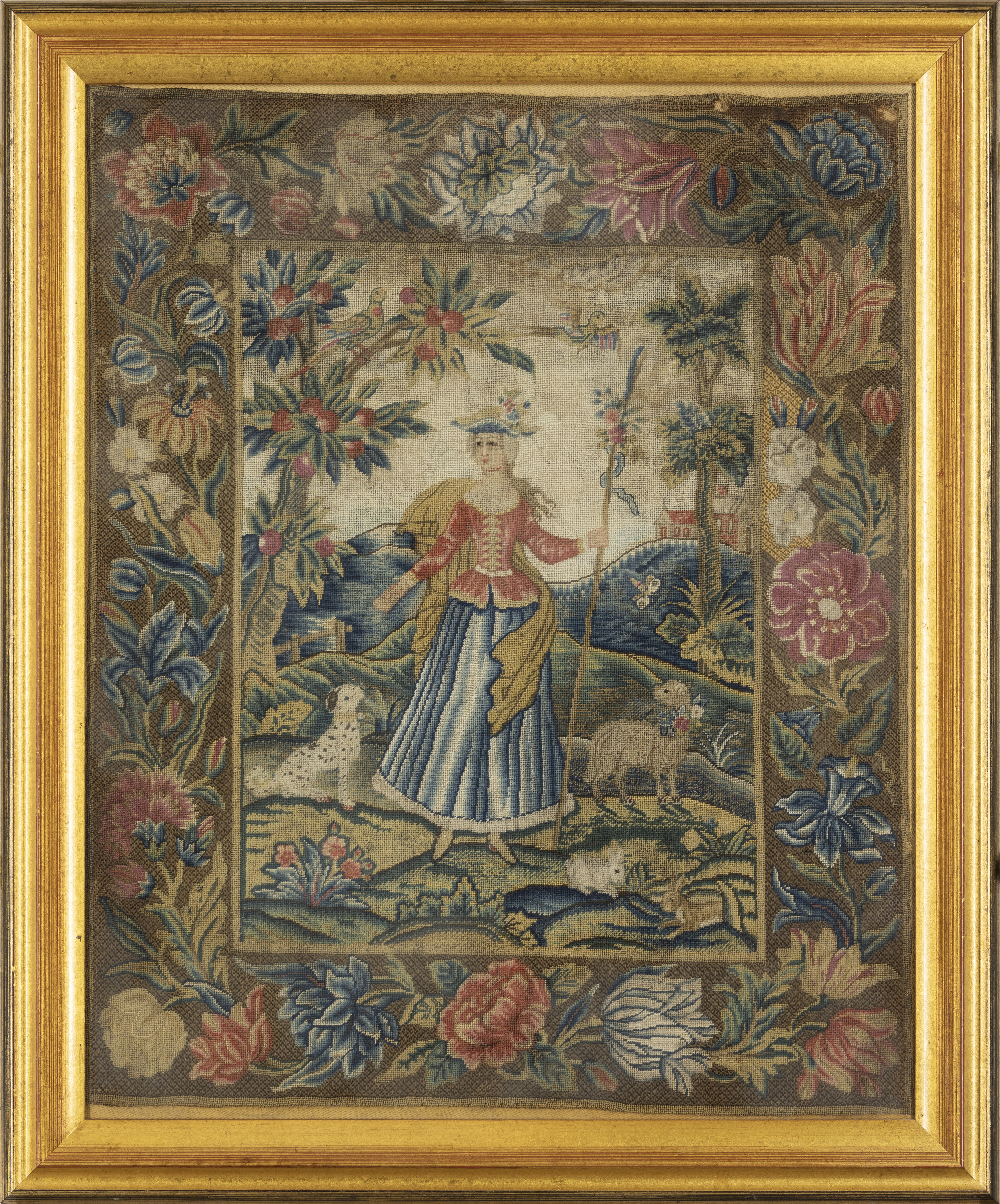 An English needlework panel, Early 18th century,  Worked in wools and silks, depicting a shepherd... - Image 2 of 2