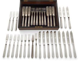 A set of Victorian silver fish knives and forks,  London, 1875, Francis Higgins II, The set compr...