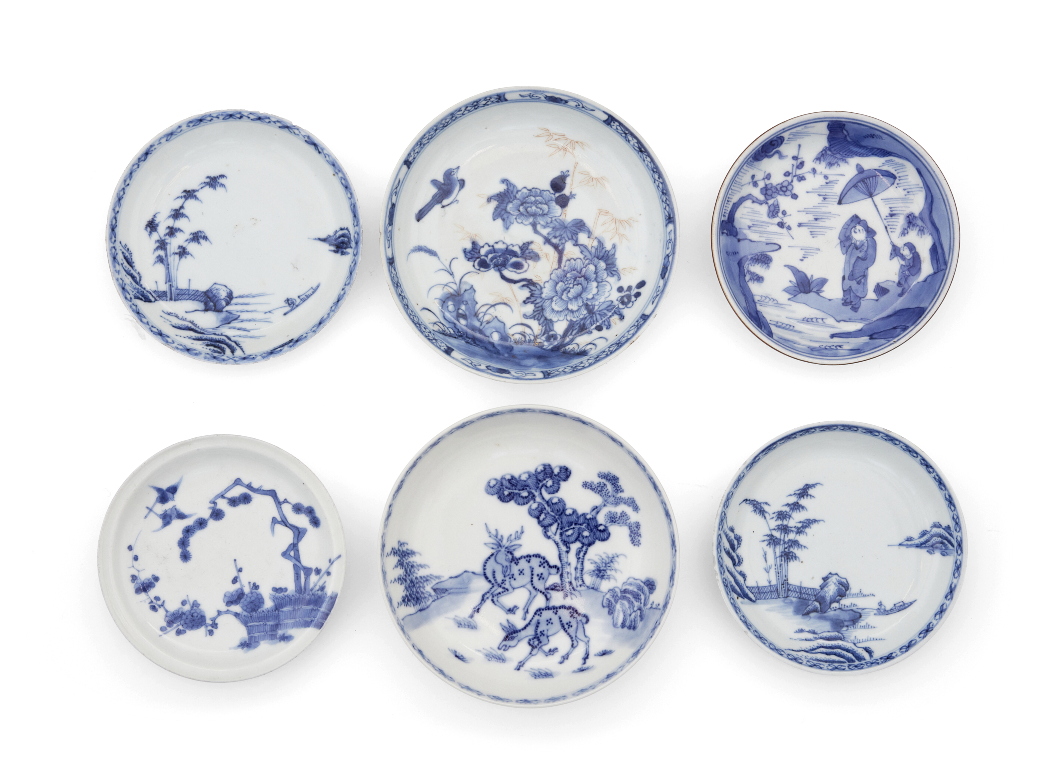 Six Chinese blue and white saucers and three tea bowls, 18th century, One saucer painted with two... - Image 2 of 2