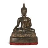 A large Thai bronze figure of Buddha, Late 18th century, Cast seated in dhyanasana, the head with...