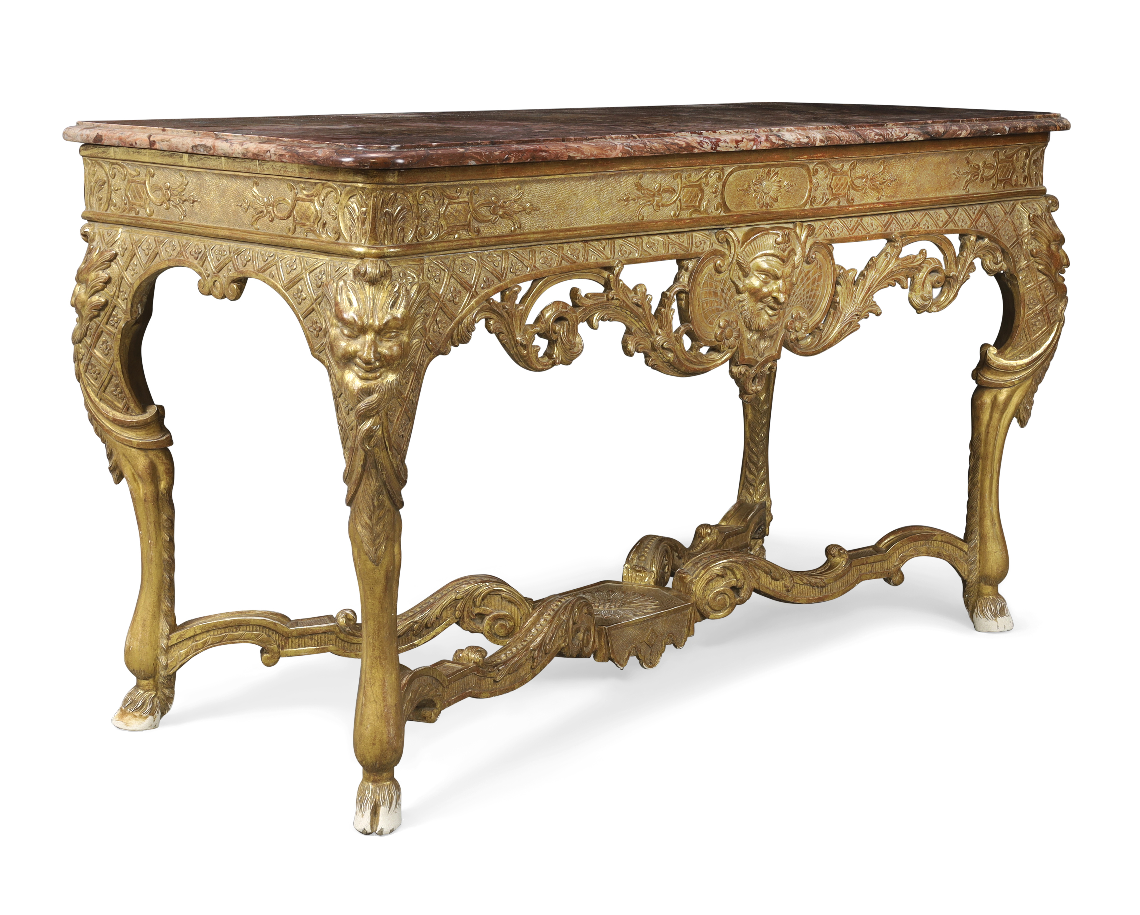 A Regence giltwood console table, First quarter 18th century, The marble top above carved frieze ... - Image 3 of 5