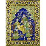 A large polychrome figural pottery tile panel, Qajar Tehran, Iran, late 19th century, Depicting a...