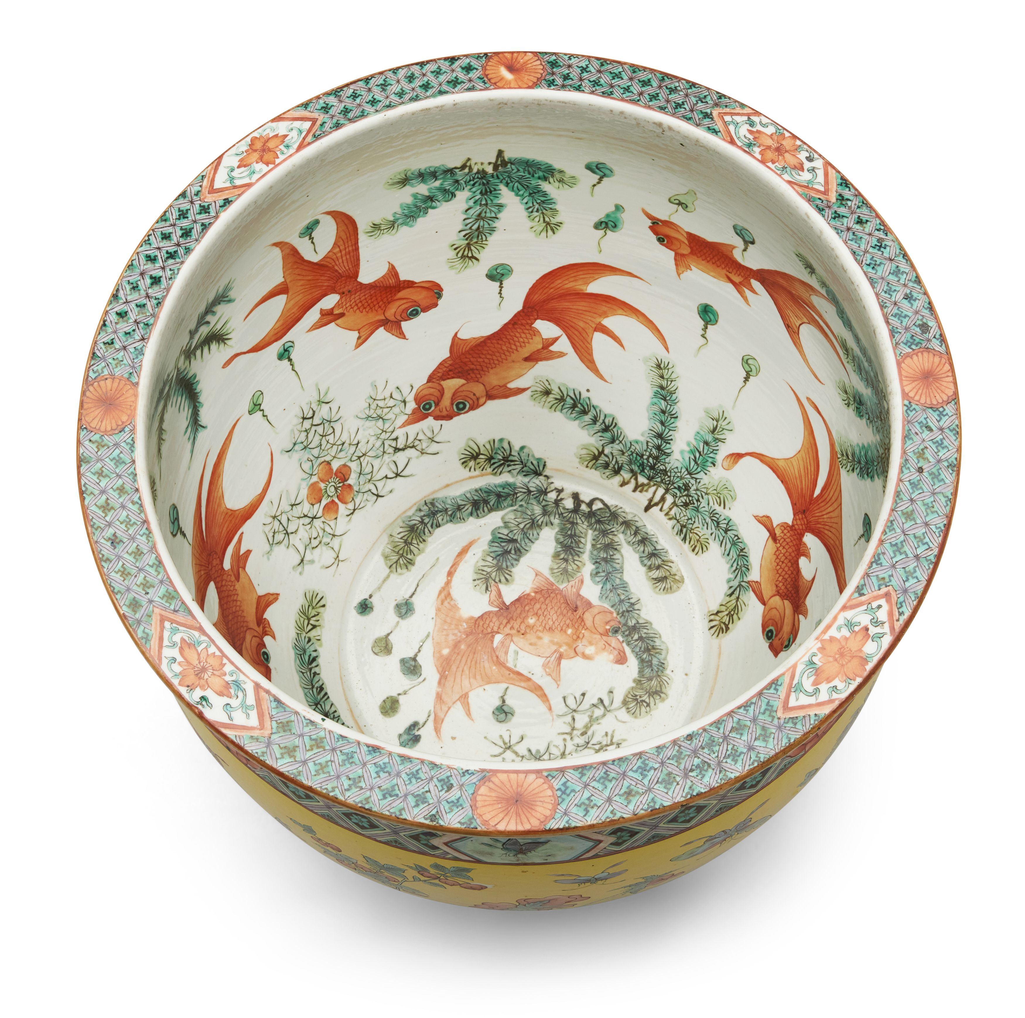 A large Chinese yellow-ground famille verte fish bowl, Qing dynasty, mid-19th century, Enamelled ... - Image 2 of 2