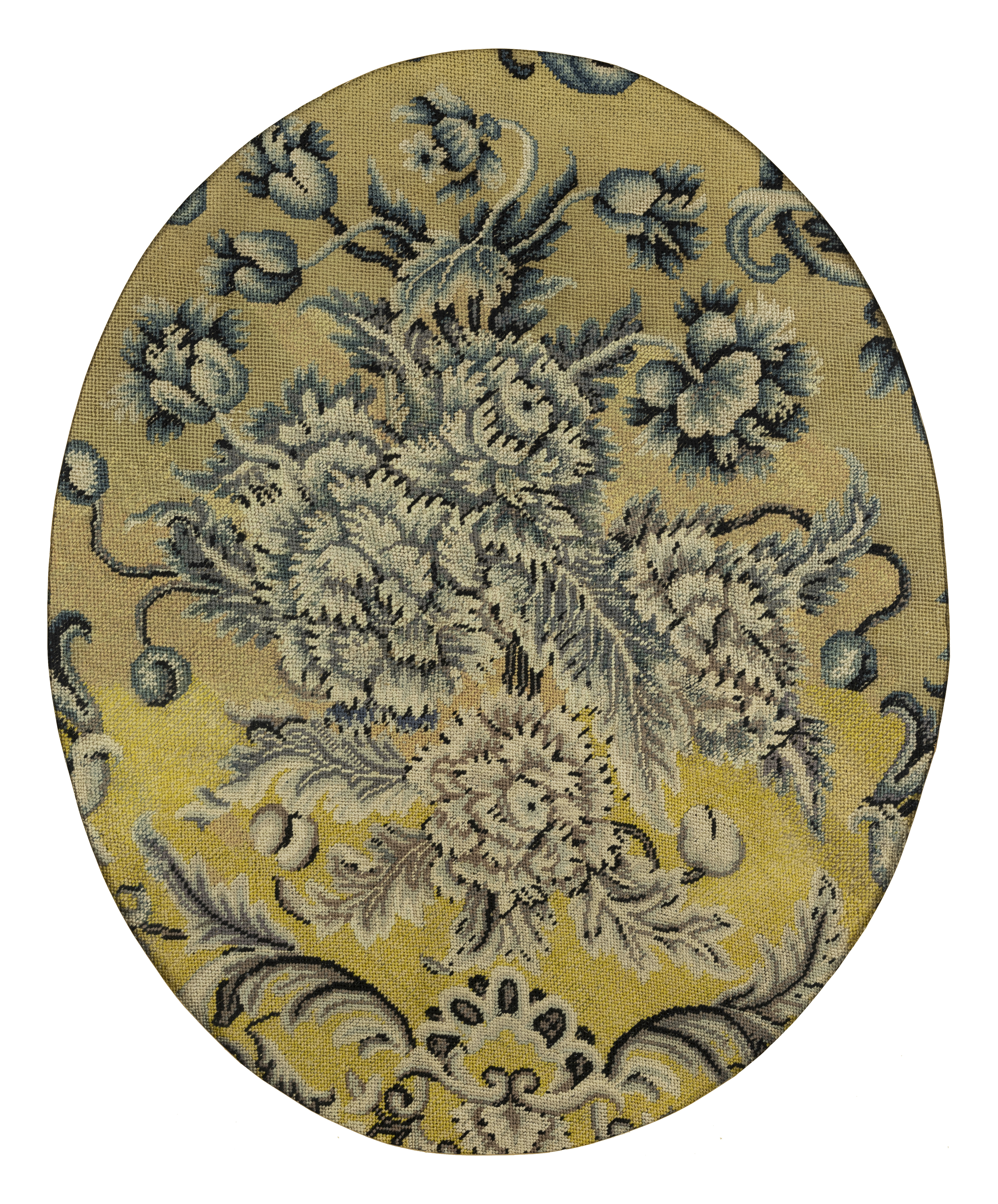 Two French oval needlework fragments, 18th century, Worked in wool, both with blossoming flowers ... - Image 2 of 5