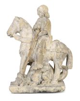 A large French carved limestone group of George and the Dragon,  Late 15th century,  The saint de...