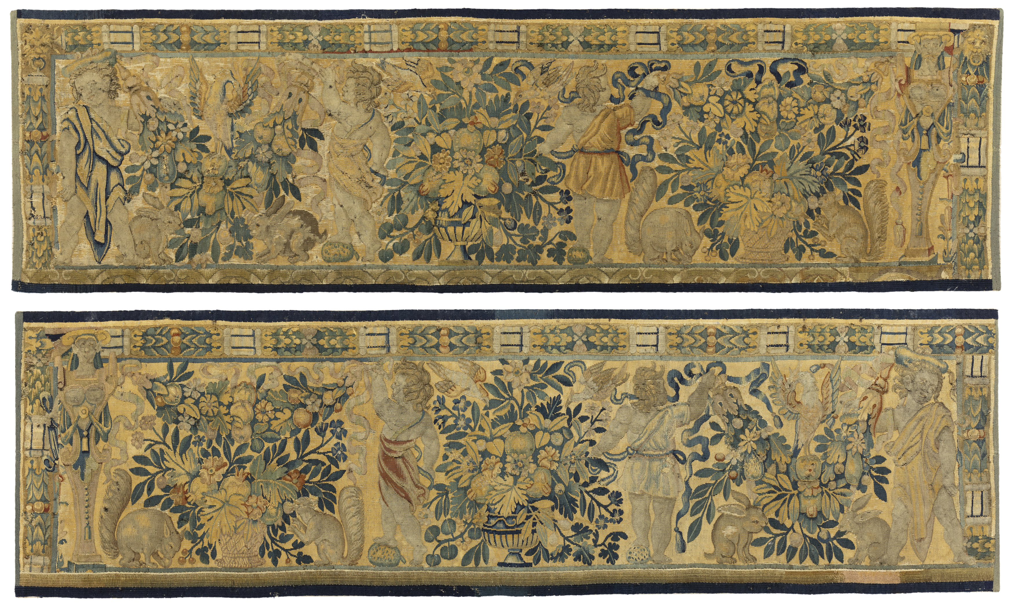 Two Flemish tapestry border fragments, Possibly Brussels, 17th century,  Woven wools and silks, e...